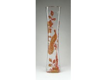 Régi festett nagyméretű fújt üveg pávás váza