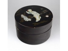 Régi fekete kínai kagyló berakásokkal díszített lakkdoboz 13 cm