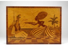 Antik furnér intarziás keleti képes szerecsen jelenettel fadoboz ékszertartó 18 x 23 cm
