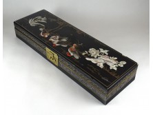 Hatalmas régi kagyló berakással díszített fekete kínai lakkdoboz tükrös piperedoboz 62 cm