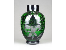 Régi osztrák ezüstözött zöld üveg váza ibolyaváza 10 cm