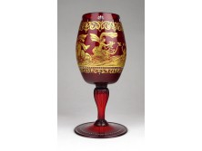 Antik aranyozott talpas üveg pohár kézzel festett görög mitológiai jelenettel