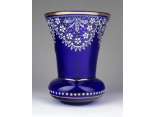 Régi csipkedíszes kék színű parádi üveg váza 13.5 cm