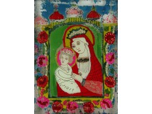 Antik erdélyi üveg ikon : Mária gyermekével