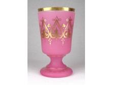XIX. századi aranyozott rózsaszín Biedermeier fújt üveg kúrapohár 14 cm