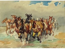 XX. századi magyar festő : Vágtató ménes lovak
