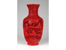 Régi piros színű kínai tűzzománc váza 17 cm