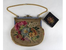 Gyönyörű antik zománcozott réz csatos gobelin díszes színházi táska