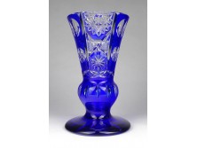 Régi kék csiszolt talpas kristály váza 16.5 cm