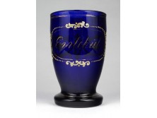 XIX. századi kézzel festett kobaltkék fújt üveg Bieder pohár 12.5 cm
