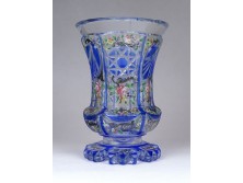 Antik kék kézzel festett Biedermeier talpas üveg pohár 13.5 cm
