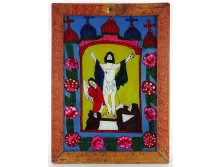 Antik erdélyi üveg ikon Krisztus a keresztfán Chamuel arkangyallal 46 x 34 cm