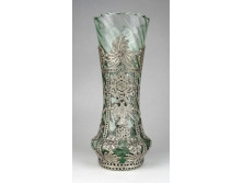 Gyönyörű antik fújt üveg váza filigrános veretezéssel 22 cm