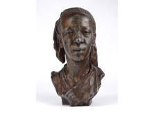 Régi jelzett bronzírozott ón szerecsen női mellszobor 17.5 cm