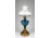 Antik kék és borostyánsárga üveg petróleumlámpa burával és cilinderrel 46.5 cm