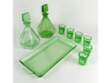 Régi zöld art deco likőrös üveg pálinkás készlet