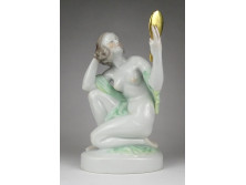 Herendi porcelán akt fésülködő nő, tükrös, tükörbe néző nő, női akt figura 24 cm