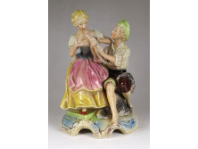 Halászfiú hallal és lánnyal jelzett német porcelán szobor 25.5 cm