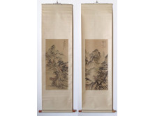 Régi jelzett hatalmas kínai tájkép pár tekercsben díszdobozban 50.5 x 178 cm