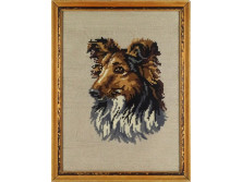 Régi kutya portré gobelin keretben 38 x 29 cm