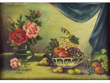 Dr Székácsné Sz. Rózsi: Asztali gyümölcs csendélet - kisméretű olaj festmény 17 x 13 cm