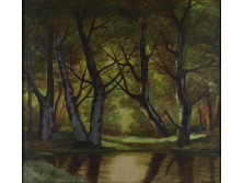 Régi jelzett selyemre festett tempera kép - Erdőbelső selyemkép 45 x 41 cm