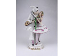 Antik nagyméretű SCHWARZA SAALBAHN szerelmes pár harlekin bohóc porcelán figura 23 cm
