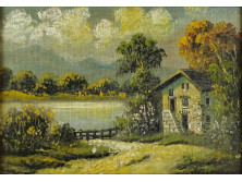 Jelzett Magyar festő 20. sz. első fele - Tóparti kisház 34.5 x 25 cm
