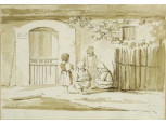Antik jelzett színezett ceruzarajz - Gyerekek az utcán 16.5 x 11.5 cm