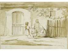 Antik jelzett színezett ceruzarajz - Gyerekek az utcán 16.5 x 11.5 cm