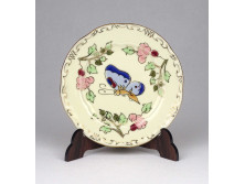 Vajszínű, aranyozott kék pillangós Zsolnay porcelán tányérka 8.5 cm